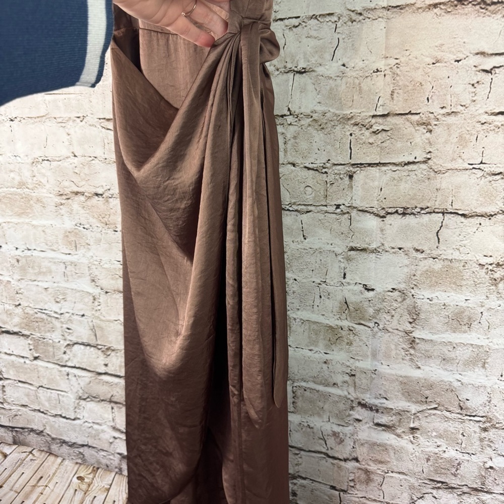 Wilfred Aritzia Size 2 Saturn Satin Midi Dress Cocoa Brown $128 Sleeveless Tie - Picture 5 of 14